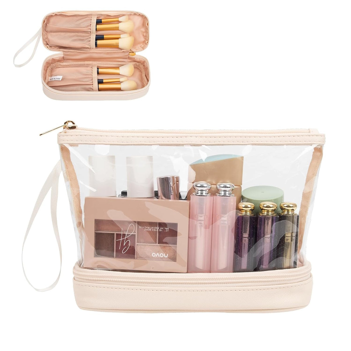 Small Makeup Bag 2 Layers Travel Cosmetic Bag with Makeup Brush Compartment
