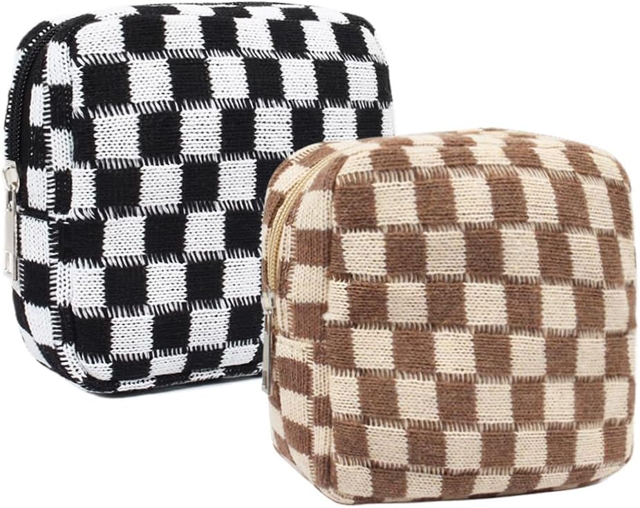 Small Pink Makeup Bag for Purse, Mini Checkered Cosmetic Bag Zipper Cute Make Up Pouch Travel Toiletry Case Quilted Aesthetic Accessories Makeup Storage Bag Organizer for Women Girls