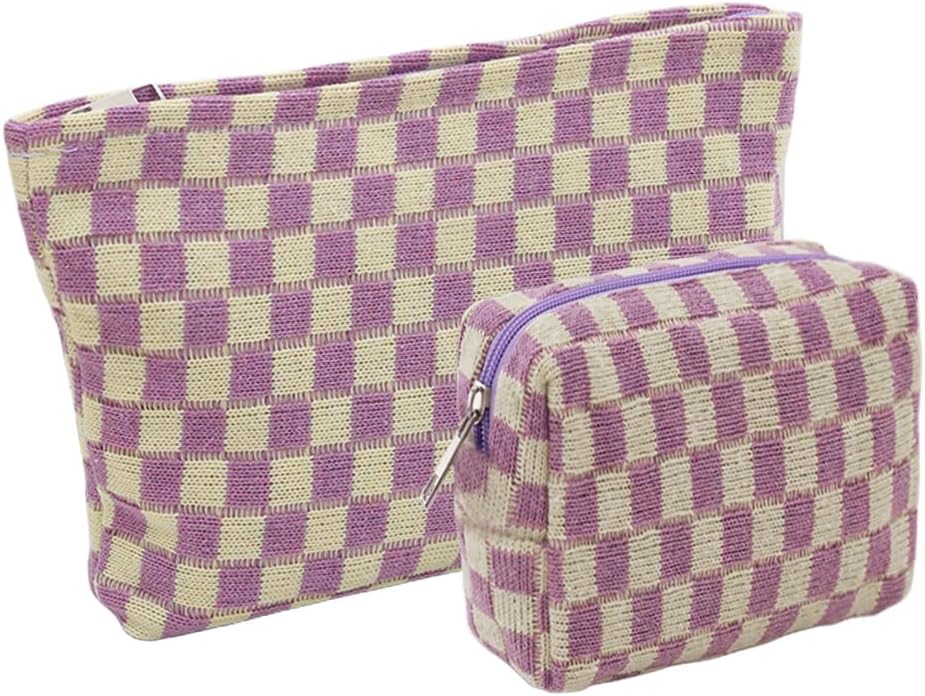 Small Pink Makeup Bag for Purse, Mini Checkered Cosmetic Bag Zipper Cute Make Up Pouch Travel Toiletry Case Quilted Aesthetic Accessories Makeup Storage Bag Organizer for Women Girls