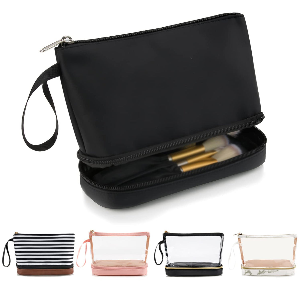 Small Makeup Bag 2 Layers Travel Cosmetic Bag with Makeup Brush Compartment