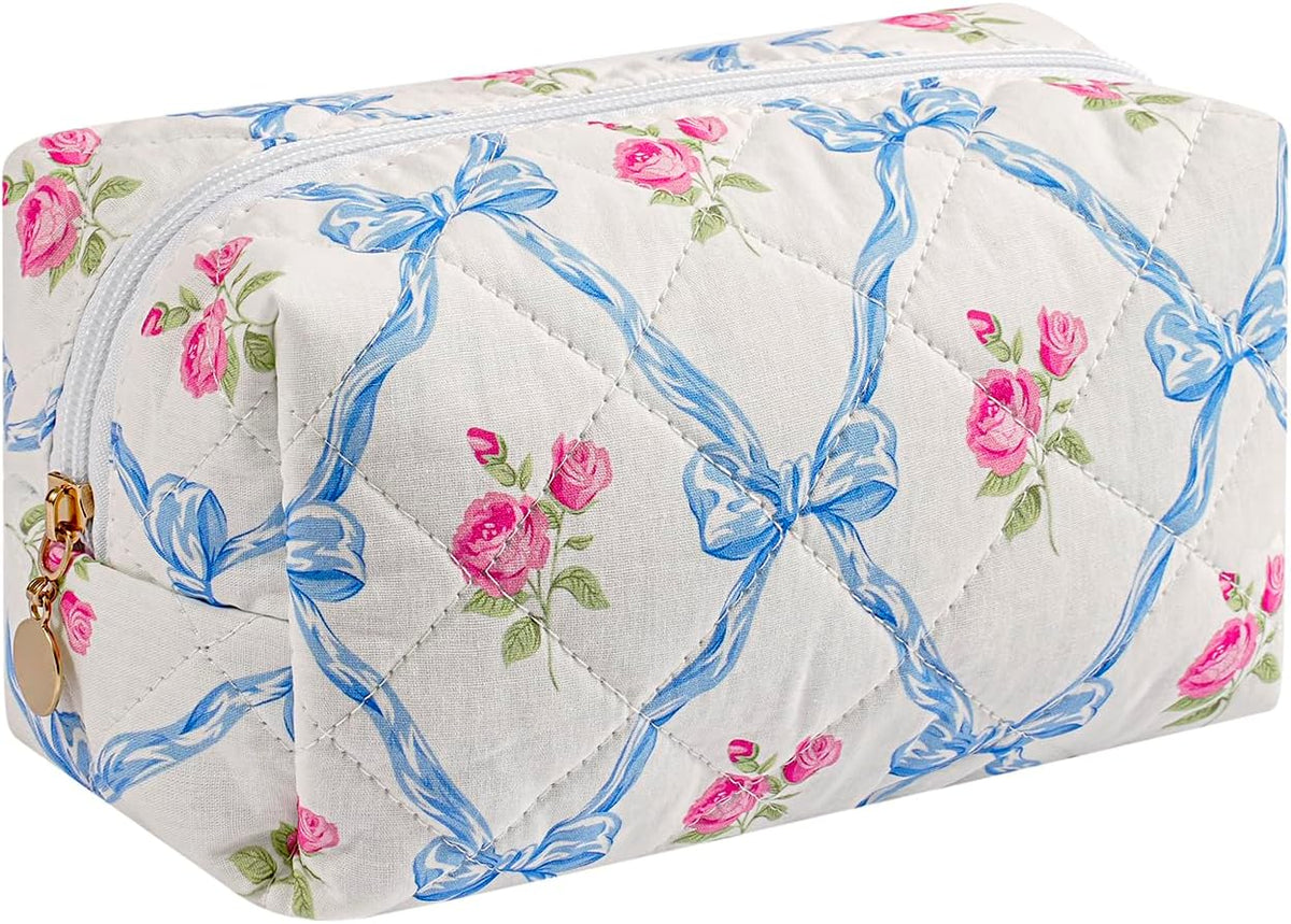 Makeup Bag Travel Cosmetic Bag for Women Girls, Zipper Make Up Pouch, Floral Flowers Toiletry Organizer Makeup, Portable Storage Cosmetic Travel Cloth Bag (Pink)