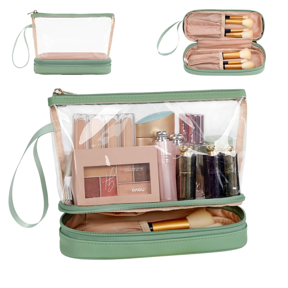 Small Makeup Bag 2 Layers Travel Cosmetic Bag with Makeup Brush Compartment