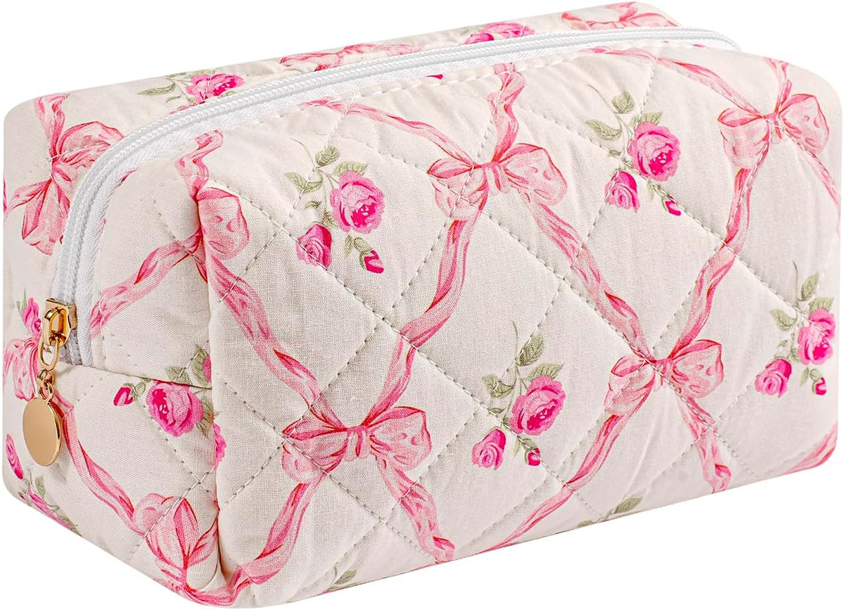 Makeup Bag Travel Cosmetic Bag for Women Girls, Zipper Make Up Pouch, Floral Flowers Toiletry Organizer Makeup, Portable Storage Cosmetic Travel Cloth Bag (Pink)