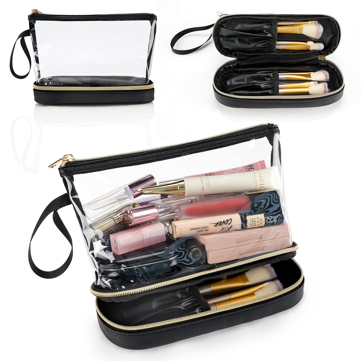 Small Makeup Bag 2 Layers Travel Cosmetic Bag with Makeup Brush Compartment