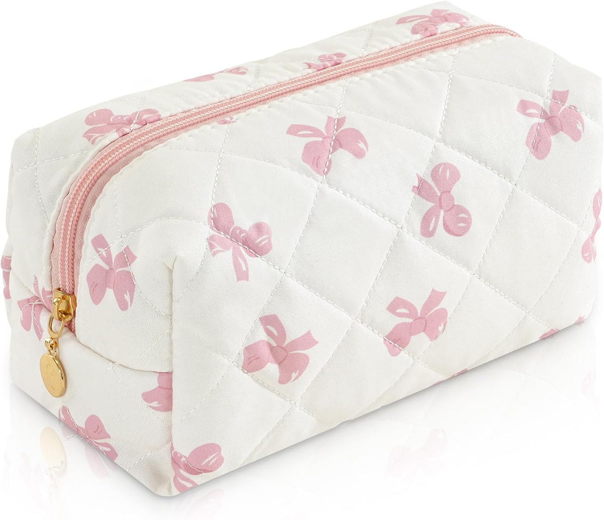 Makeup Bag Travel Toiletry Bag for Women, Small Cosmetic Bags Cute Quilted Cotton Makeup Pouch for Purse Emergency Bag Pencil Case Accessory Bag, Pastel Pink