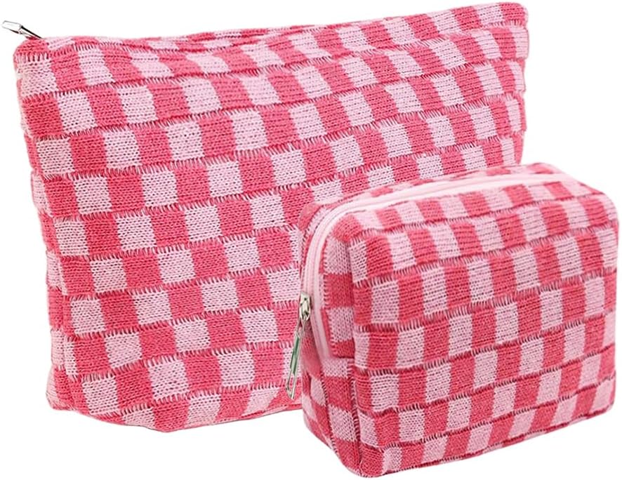 Small Pink Makeup Bag for Purse, Mini Checkered Cosmetic Bag Zipper Cute Make Up Pouch Travel Toiletry Case Quilted Aesthetic Accessories Makeup Storage Bag Organizer for Women Girls