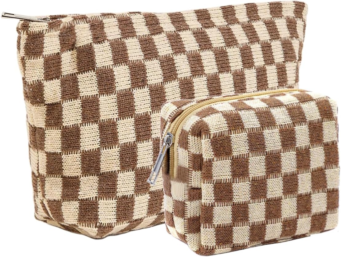 Small Pink Makeup Bag for Purse, Mini Checkered Cosmetic Bag Zipper Cute Make Up Pouch Travel Toiletry Case Quilted Aesthetic Accessories Makeup Storage Bag Organizer for Women Girls