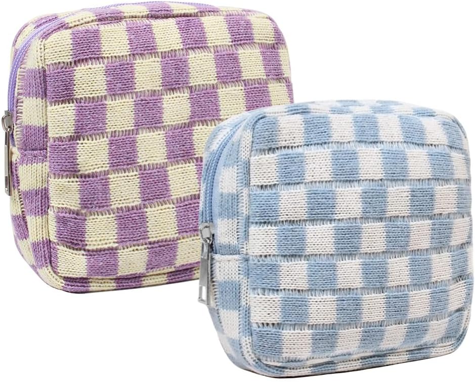 Small Pink Makeup Bag for Purse, Mini Checkered Cosmetic Bag Zipper Cute Make Up Pouch Travel Toiletry Case Quilted Aesthetic Accessories Makeup Storage Bag Organizer for Women Girls
