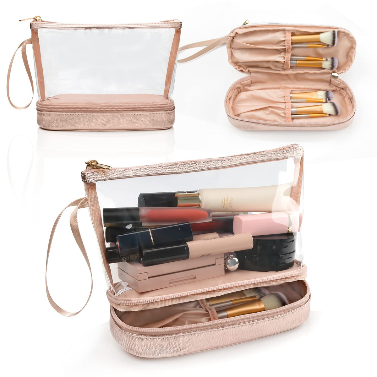 Small Makeup Bag 2 Layers Travel Cosmetic Bag with Makeup Brush Compartment