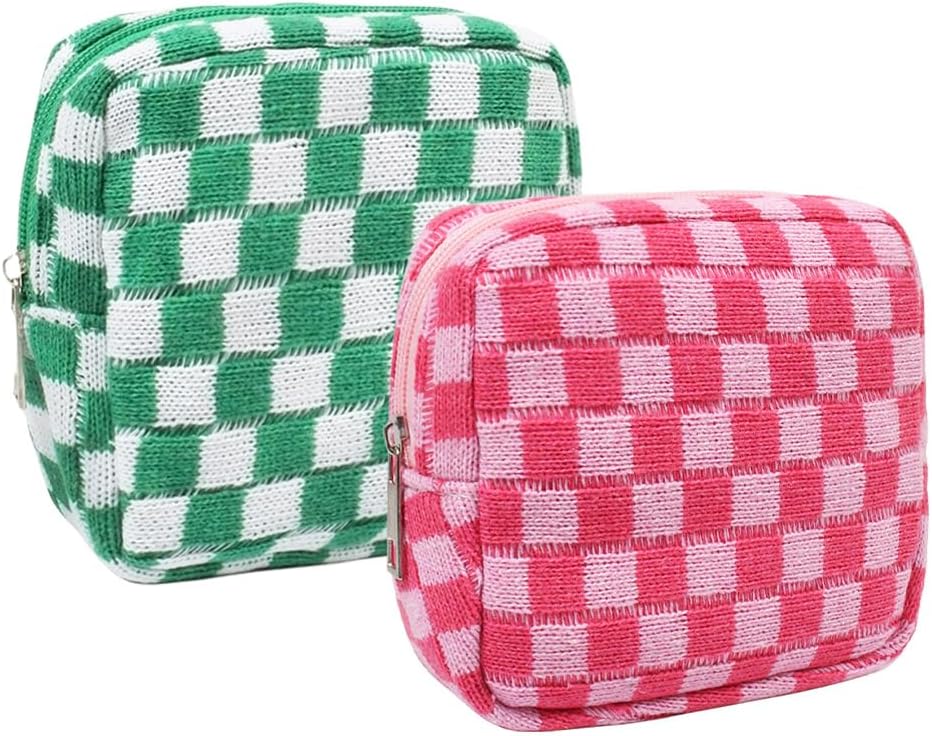 Small Pink Makeup Bag for Purse, Mini Checkered Cosmetic Bag Zipper Cute Make Up Pouch Travel Toiletry Case Quilted Aesthetic Accessories Makeup Storage Bag Organizer for Women Girls
