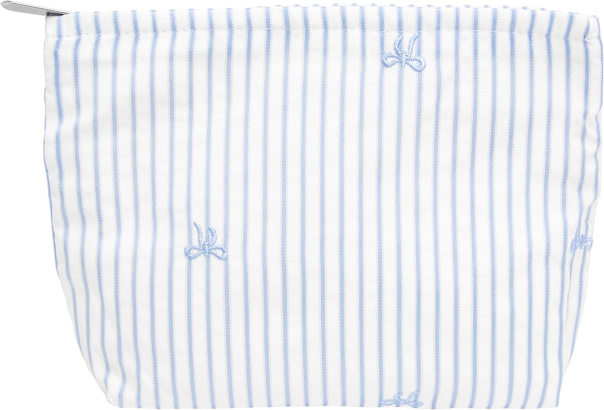 Flat Makeup Bag for Women,Zipper Cosmetic Pouch,Vintage Stripe Navy Blue