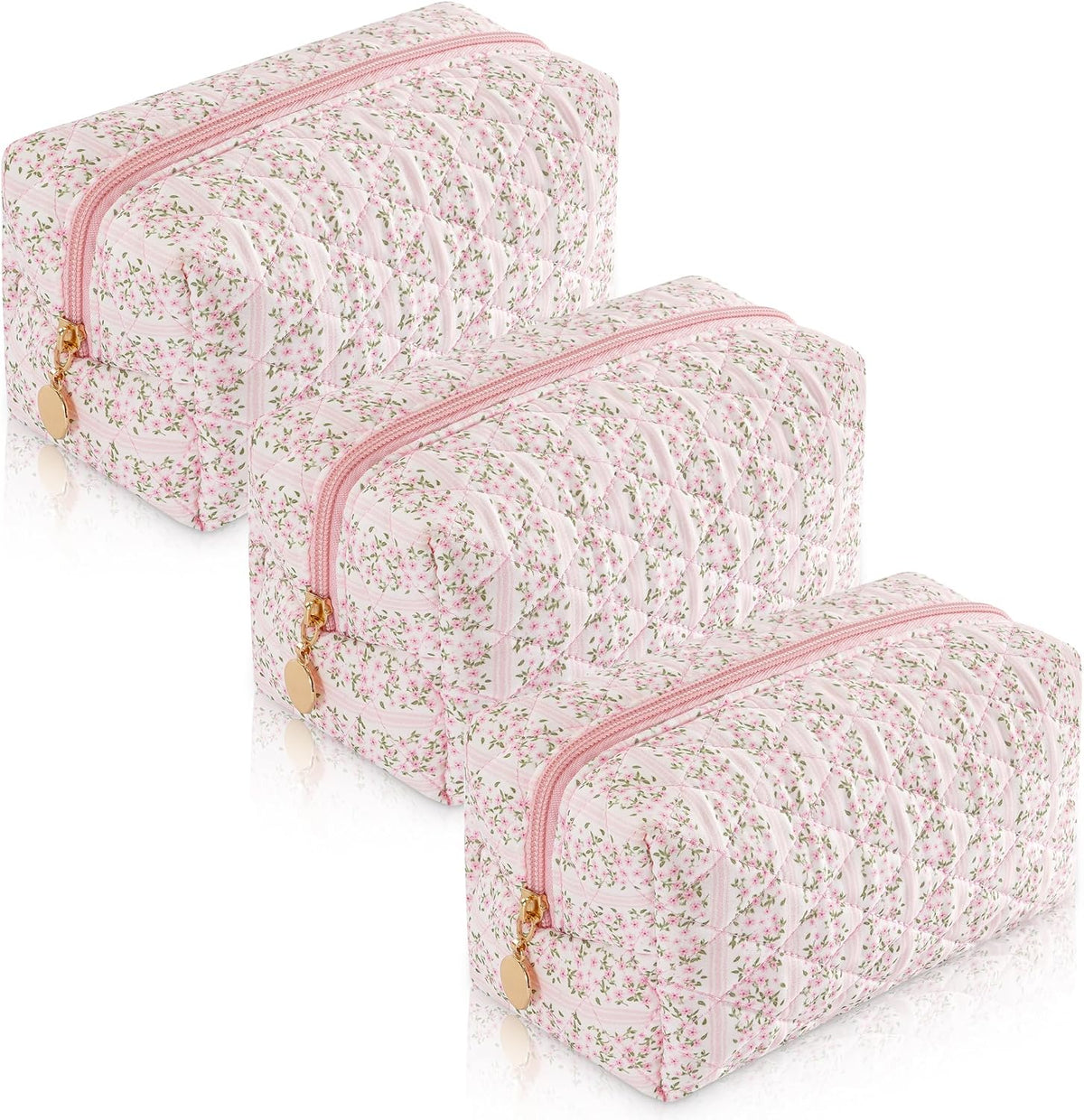 Makeup Bag Travel Toiletry Bag for Women, Small Cosmetic Bags Cute Quilted Cotton Makeup Pouch for Purse Emergency Bag Pencil Case Accessory Bag, Pastel Pink