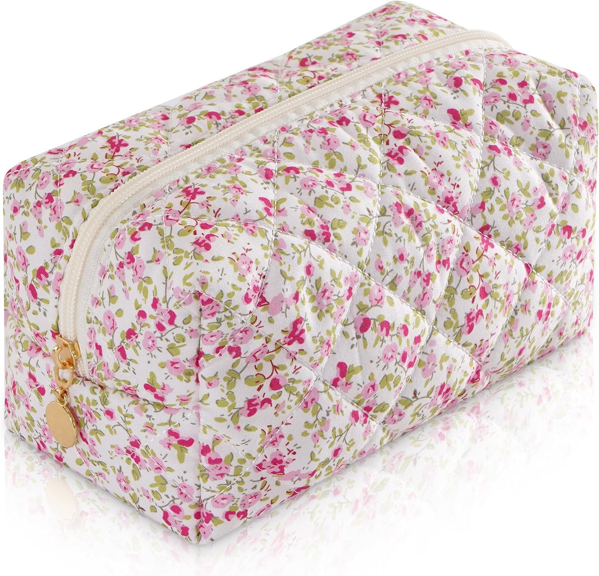 Makeup Bag Travel Toiletry Bag for Women, Small Cosmetic Bags Cute Quilted Cotton Makeup Pouch for Purse Emergency Bag Pencil Case Accessory Bag, Pastel Pink