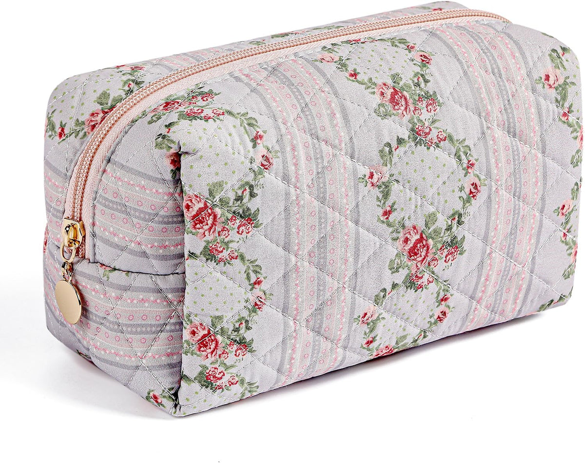 Makeup Bag Travel Cosmetic Bag for Women Girls, Zipper Make Up Pouch, Floral Flowers Toiletry Organizer Makeup, Portable Storage Cosmetic Travel Cloth Bag (Pink)