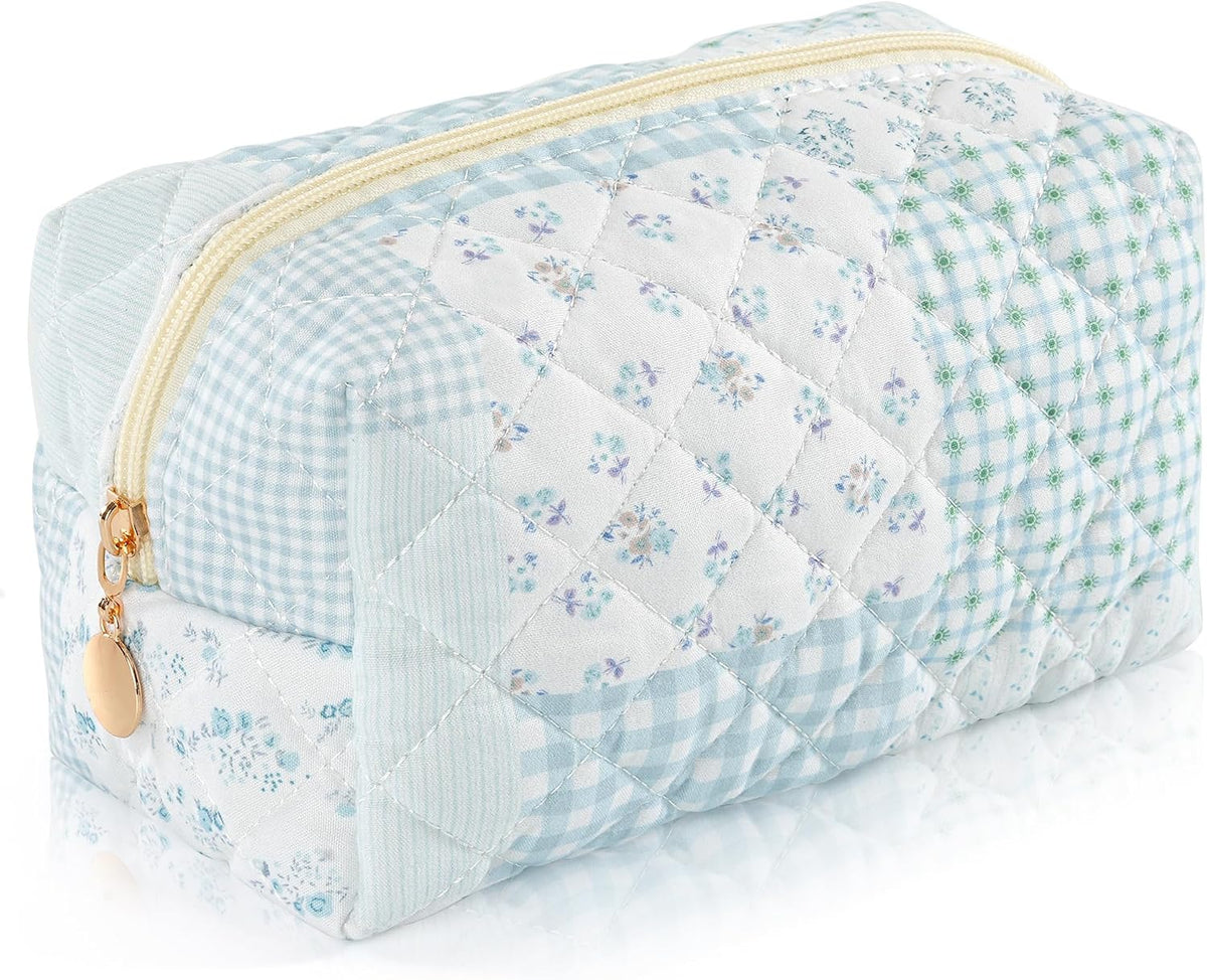 Makeup Bag Travel Toiletry Bag for Women, Small Cosmetic Bags Cute Quilted Cotton Makeup Pouch for Purse Emergency Bag Pencil Case Accessory Bag, Pastel Pink