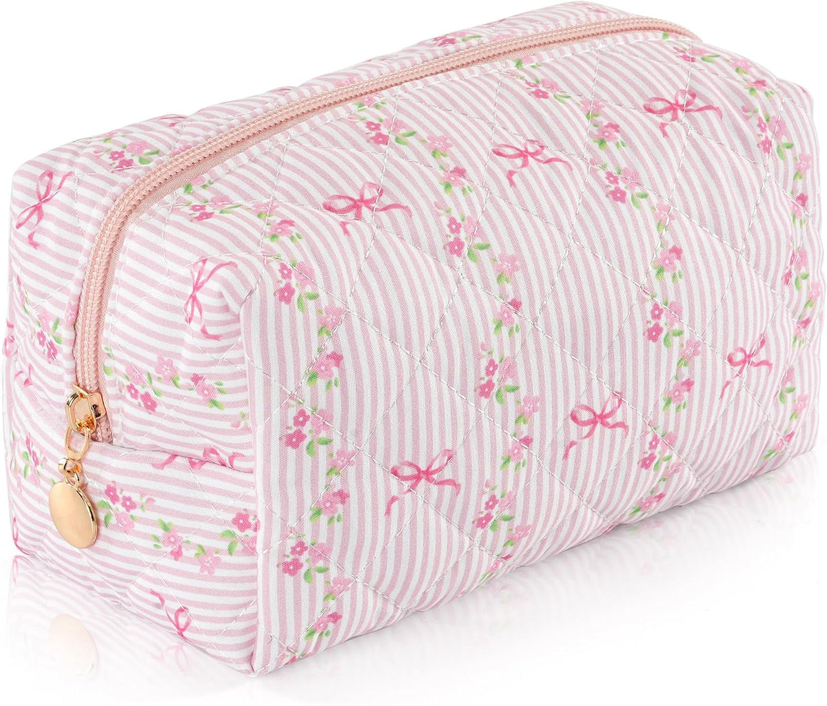 Makeup Bag Travel Toiletry Bag for Women, Small Cosmetic Bags Cute Quilted Cotton Makeup Pouch for Purse Emergency Bag Pencil Case Accessory Bag, Pastel Pink