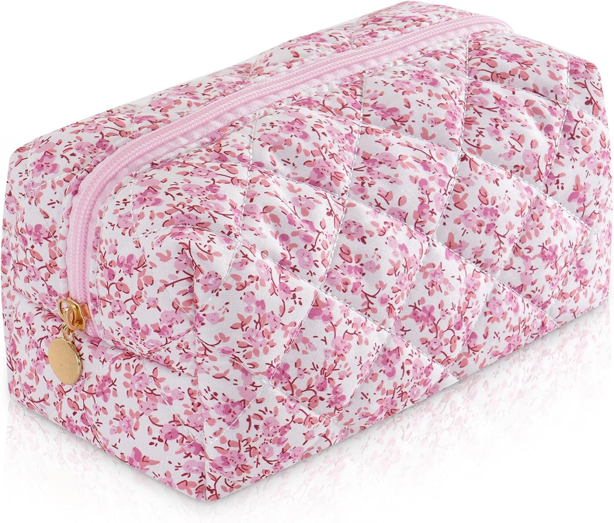 Makeup Bag Travel Toiletry Bag for Women, Small Cosmetic Bags Cute Quilted Cotton Makeup Pouch for Purse Emergency Bag Pencil Case Accessory Bag, Pastel Pink