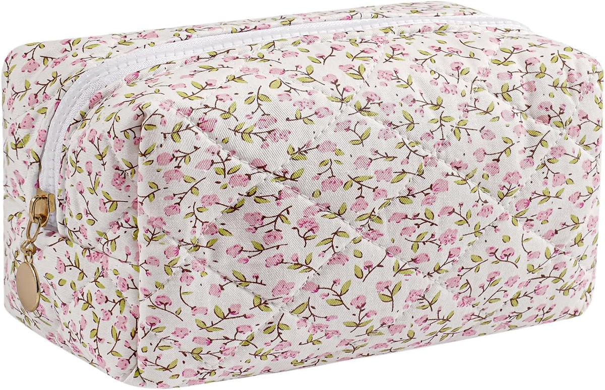 Makeup Bag Travel Cosmetic Bag for Women Girls, Zipper Make Up Pouch, Floral Flowers Toiletry Organizer Makeup, Portable Storage Cosmetic Travel Cloth Bag (Pink)