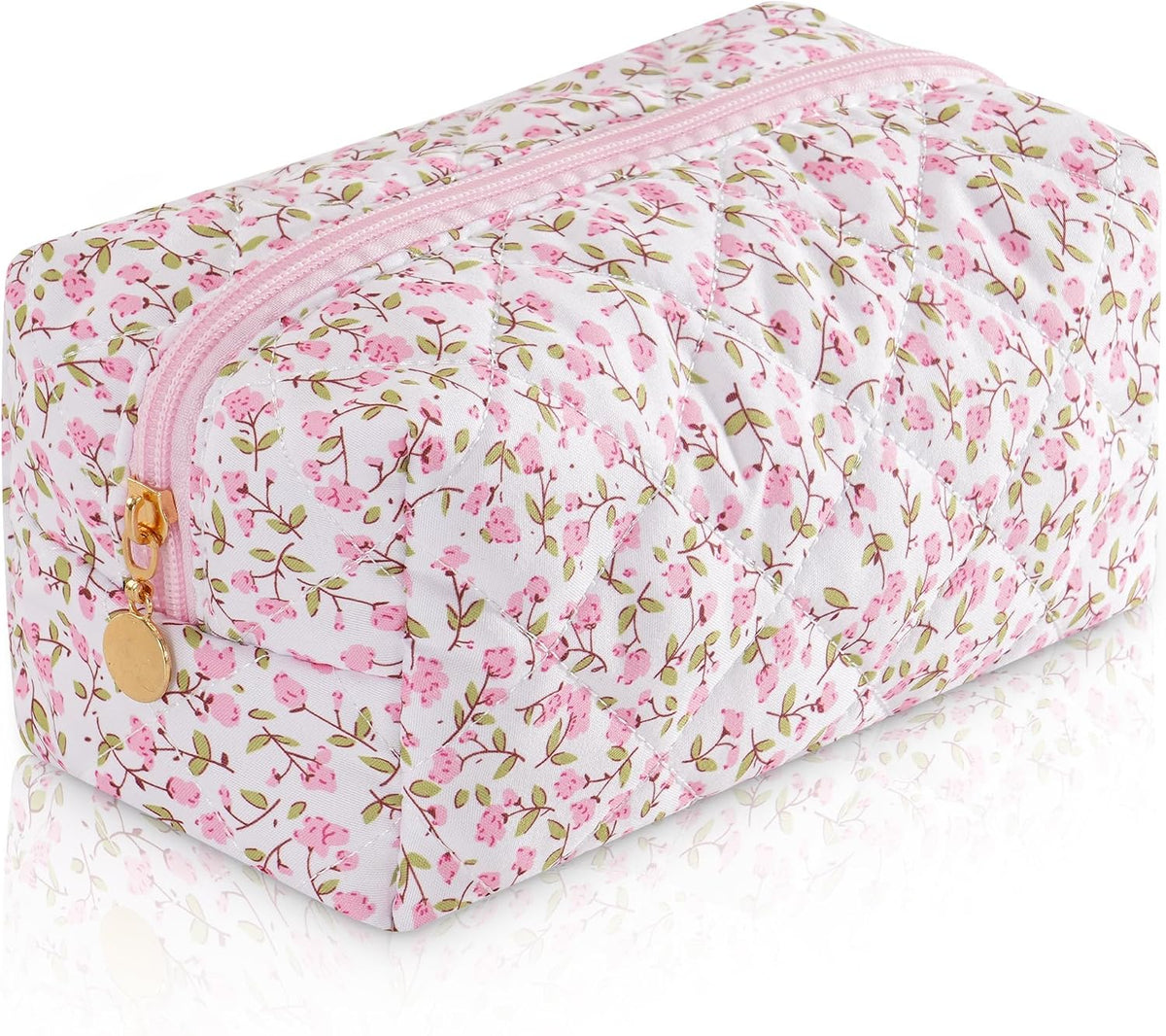 Makeup Bag Travel Toiletry Bag for Women, Small Cosmetic Bags Cute Quilted Cotton Makeup Pouch for Purse Emergency Bag Pencil Case Accessory Bag, Pastel Pink
