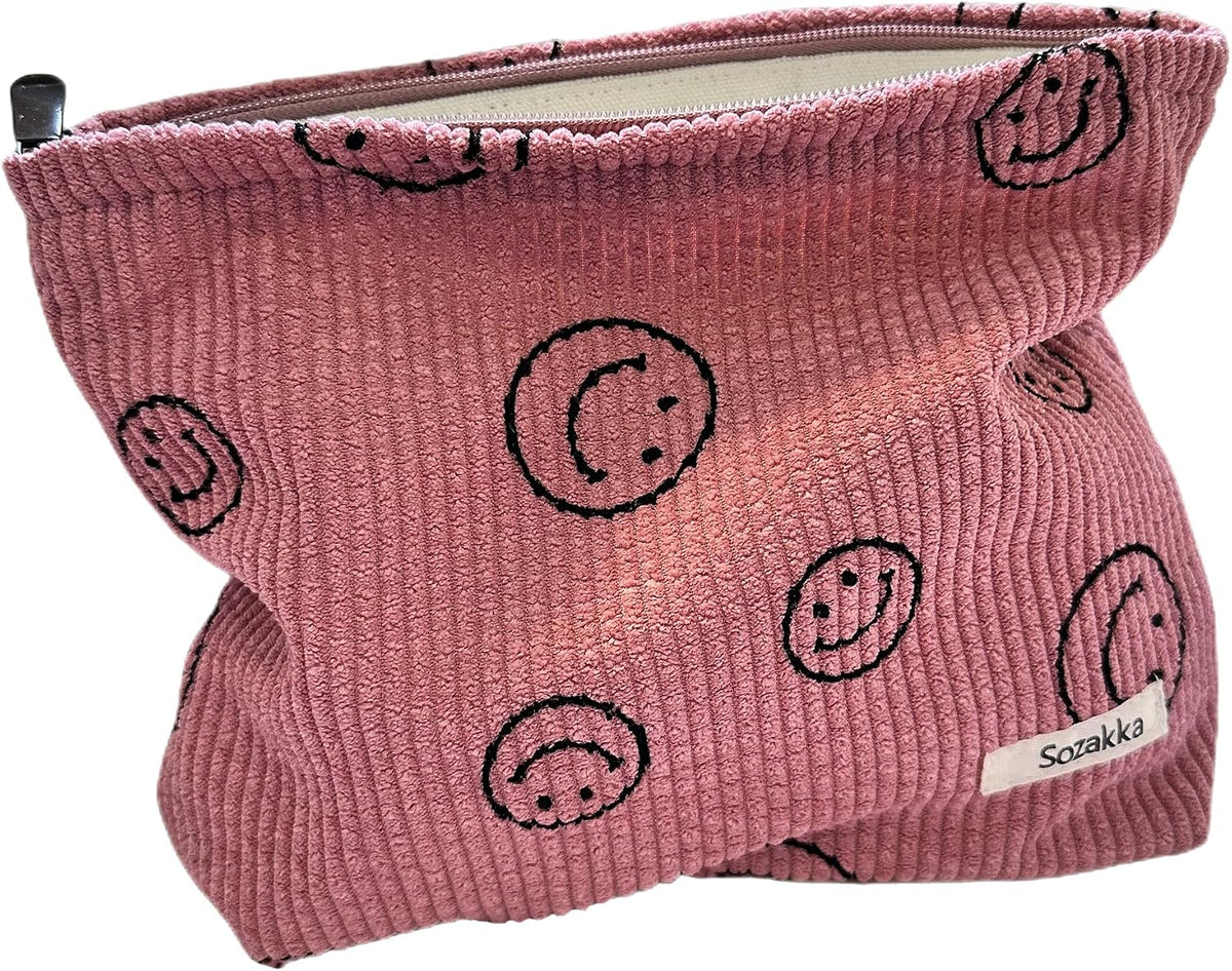 Cosmetic Bags for Women - Corduroy Cosmetic Bag Aesthetic Women Handbags Purses Smile Dots Makeup Organizer Storage Makeup Bag Girls Case Bags (A-Beige)