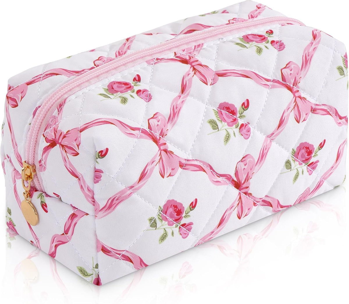 Makeup Bag Travel Toiletry Bag for Women, Small Cosmetic Bags Cute Quilted Cotton Makeup Pouch for Purse Emergency Bag Pencil Case Accessory Bag, Pastel Pink