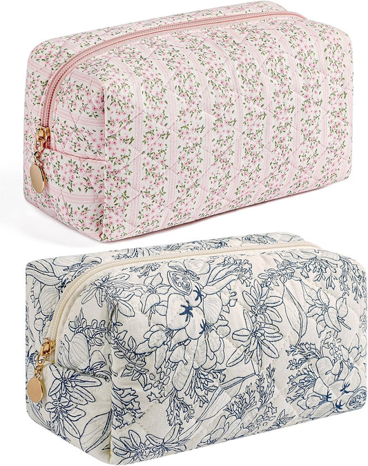 Makeup Bag Travel Cosmetic Bag for Women Girls, Zipper Make Up Pouch, Floral Flowers Toiletry Organizer Makeup, Portable Storage Cosmetic Travel Cloth Bag (Pink)