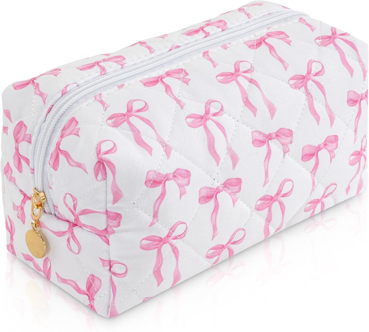 Makeup Bag Travel Toiletry Bag for Women, Small Cosmetic Bags Cute Quilted Cotton Makeup Pouch for Purse Emergency Bag Pencil Case Accessory Bag, Pastel Pink