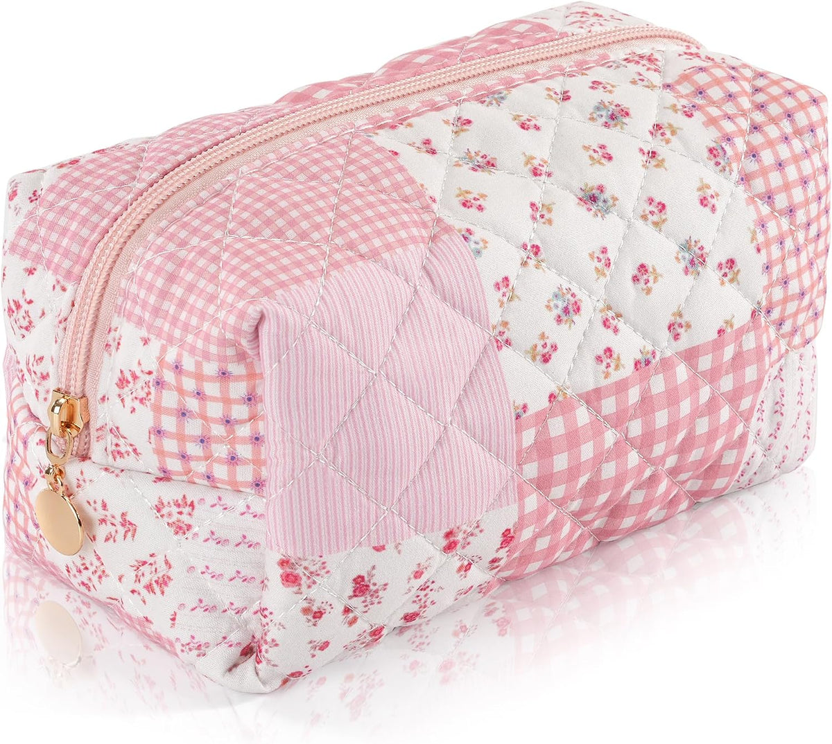 Makeup Bag Travel Toiletry Bag for Women, Small Cosmetic Bags Cute Quilted Cotton Makeup Pouch for Purse Emergency Bag Pencil Case Accessory Bag, Pastel Pink