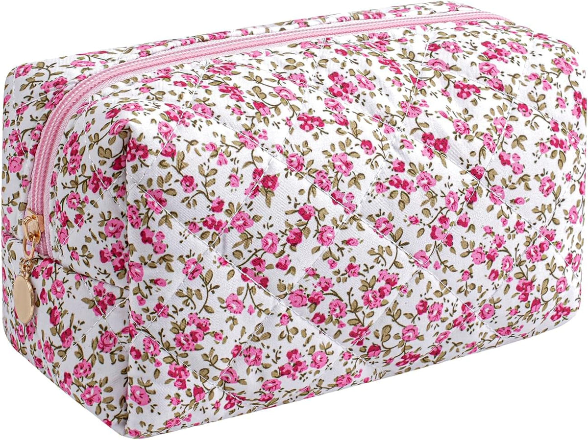 Makeup Bag Travel Cosmetic Bag for Women Girls, Zipper Make Up Pouch, Floral Flowers Toiletry Organizer Makeup, Portable Storage Cosmetic Travel Cloth Bag (Pink)