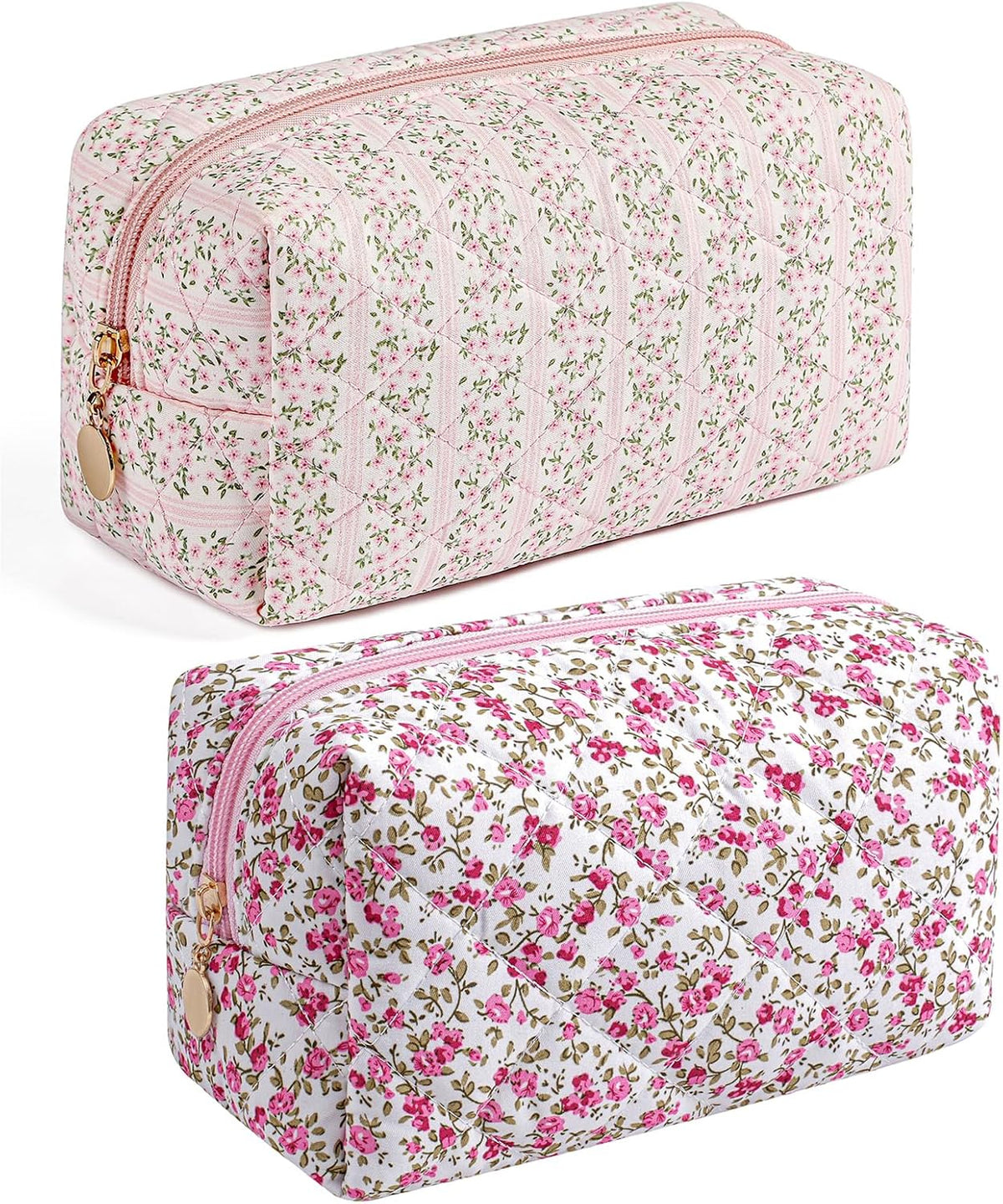 Makeup Bag Travel Cosmetic Bag for Women Girls, Zipper Make Up Pouch, Floral Flowers Toiletry Organizer Makeup, Portable Storage Cosmetic Travel Cloth Bag (Pink)