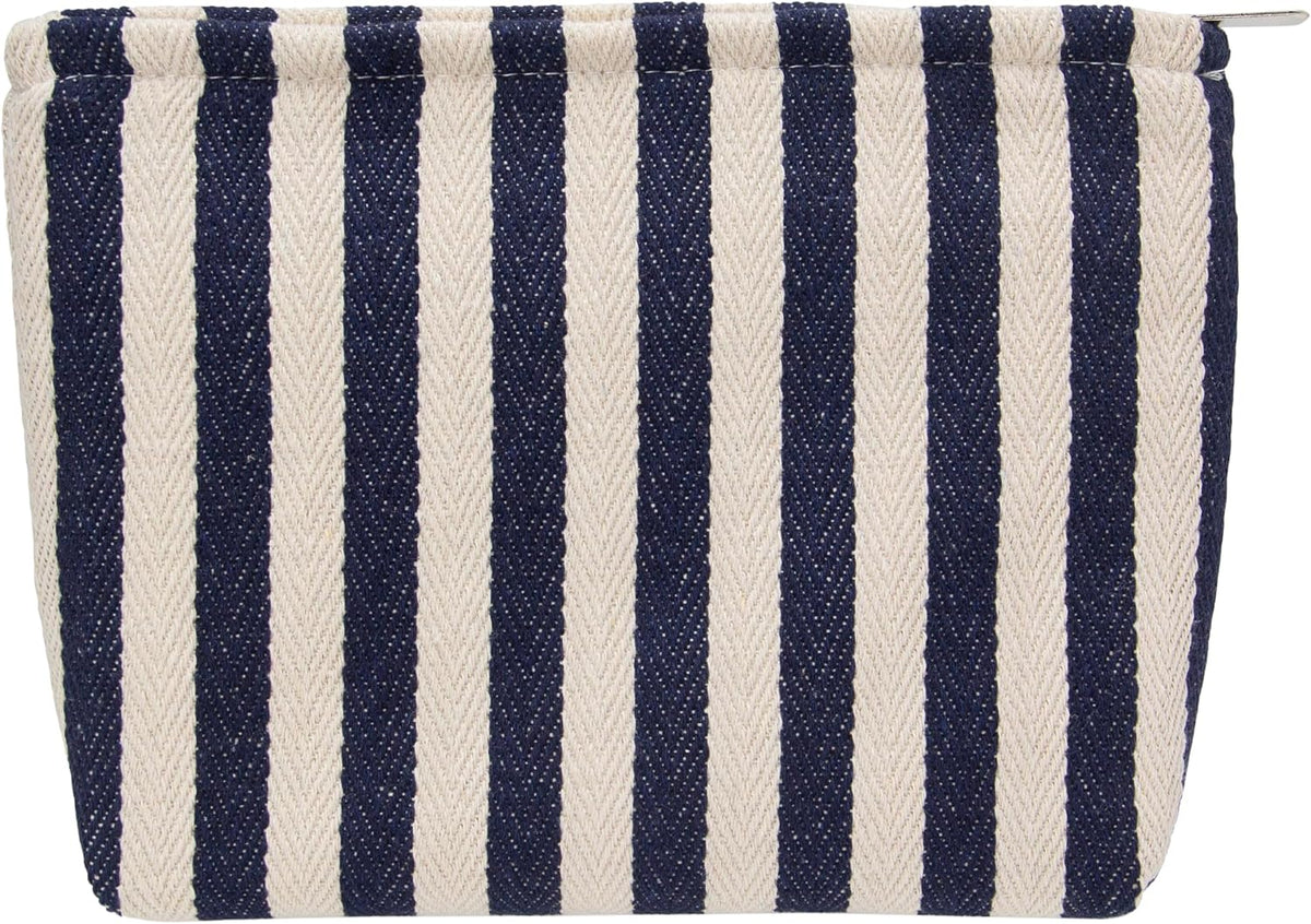Flat Makeup Bag for Women,Zipper Cosmetic Pouch,Vintage Stripe Navy Blue
