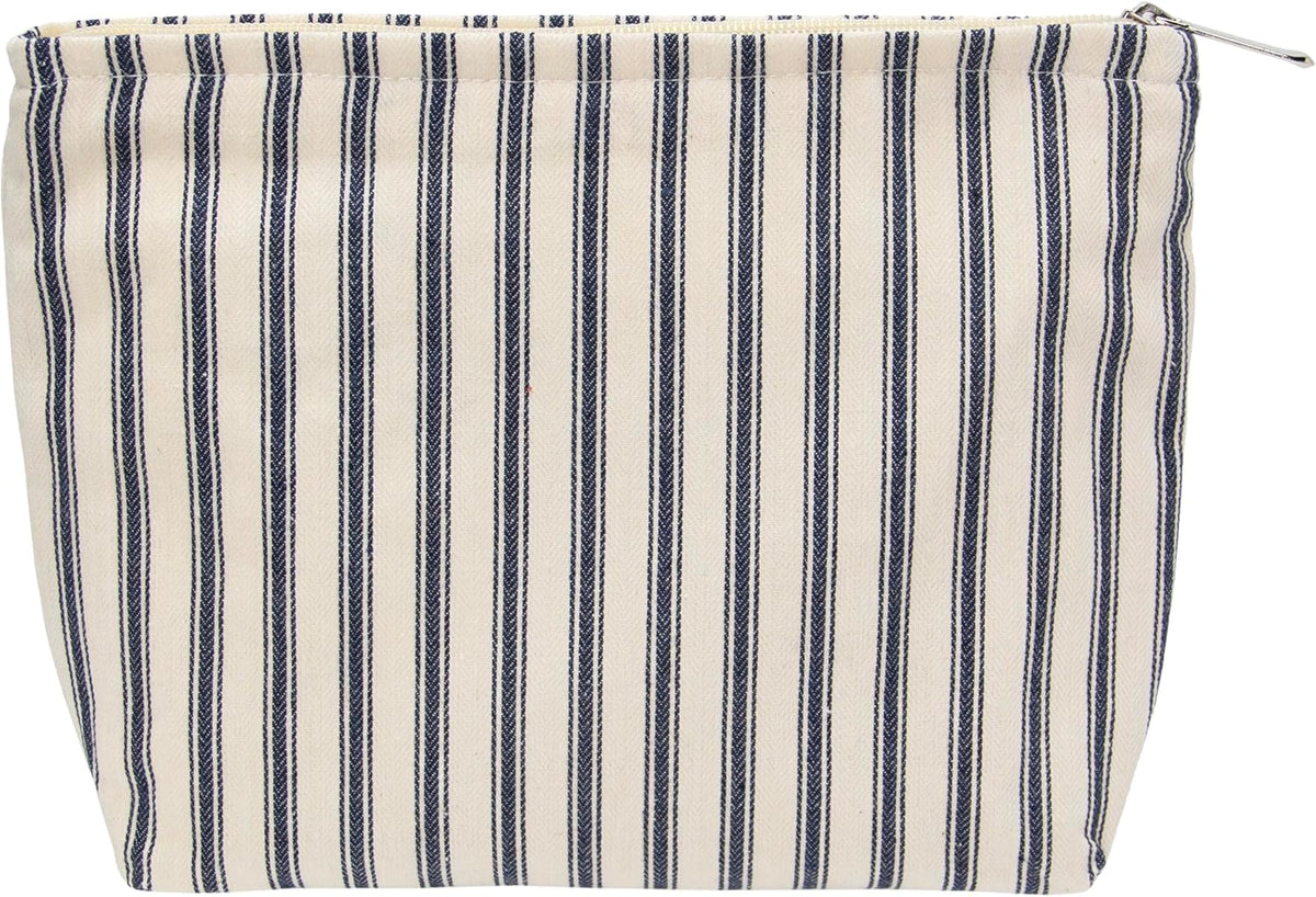 Flat Makeup Bag for Women,Zipper Cosmetic Pouch,Vintage Stripe Navy Blue