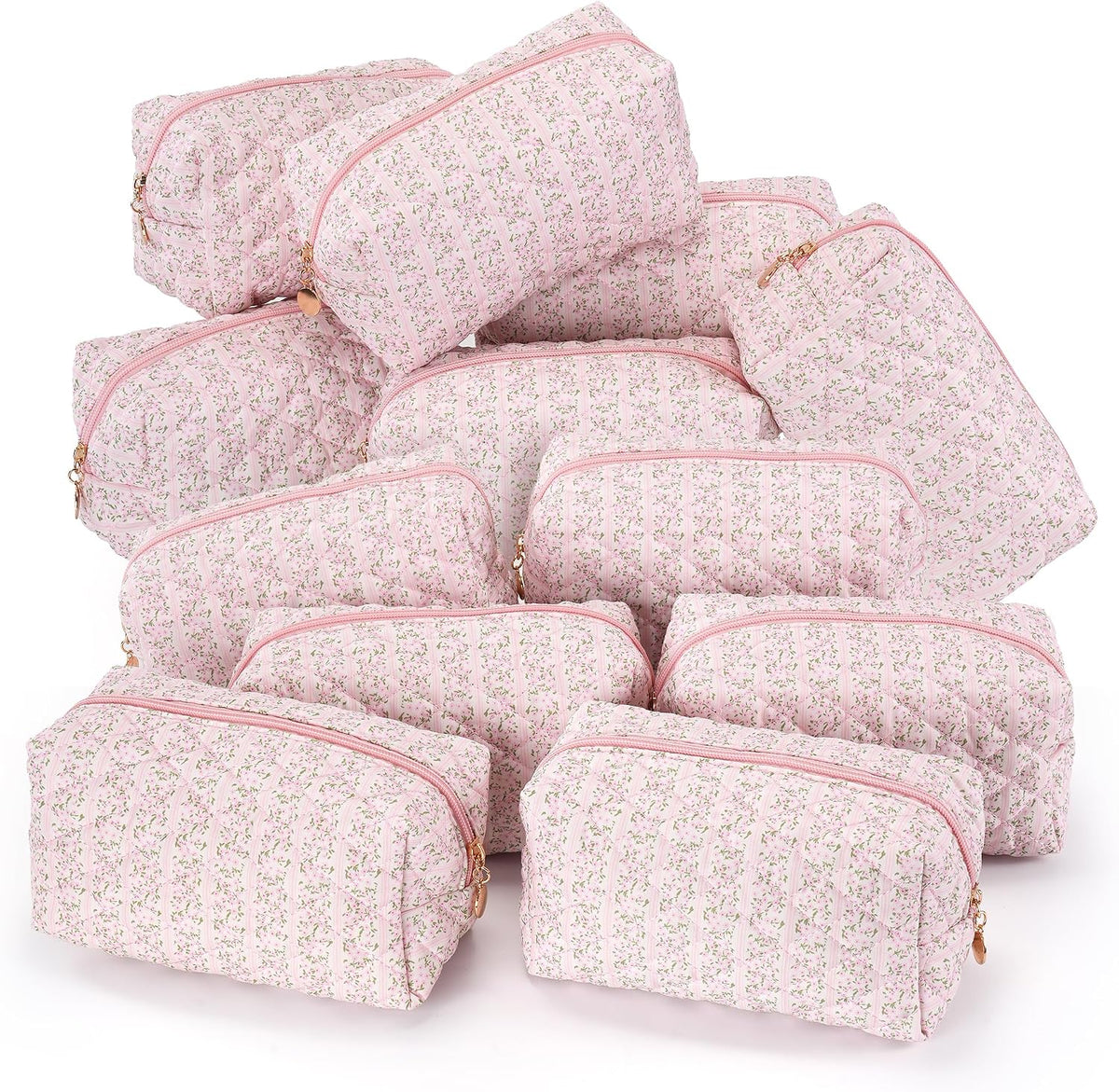 Makeup Bag Travel Toiletry Bag for Women, Small Cosmetic Bags Cute Quilted Cotton Makeup Pouch for Purse Emergency Bag Pencil Case Accessory Bag, Pastel Pink