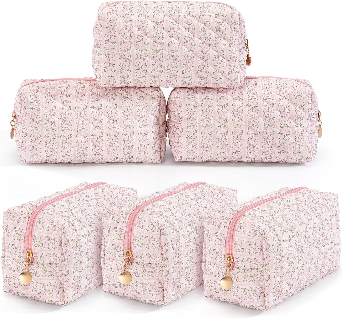 Makeup Bag Travel Toiletry Bag for Women, Small Cosmetic Bags Cute Quilted Cotton Makeup Pouch for Purse Emergency Bag Pencil Case Accessory Bag, Pastel Pink